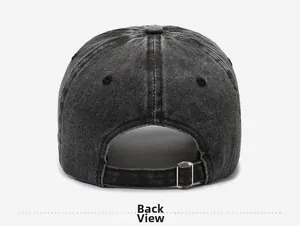 Rear view of washed denim baseball cap with an adjustable metal buckle and distressed texture