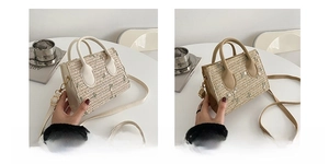 Detail view of woven handbags with floral embroidery in off-white and khaki straw