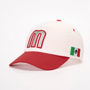 Retro baseball cap in beige and red with 'M' letter embroidery and Mexican flag