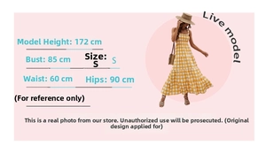 Size guide with 172cm model wearing S stripe maxi dress with 85cm bust and 60cm waist