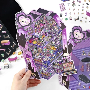 3D Gothic dollhouse paper model kit with purple coffin house and spooky stickers