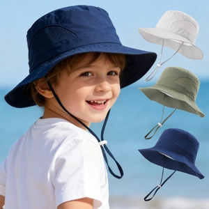 Kids quick-dry sun hat with mesh vents and adjustable chin strap for outdoor beach protection