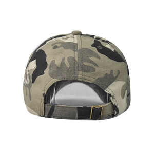 Detail of adjustable metal buckle and camouflage fabric on the back of the baseball cap