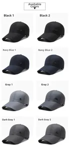 Detail showing various colors of men's baseball caps with metal crown and triangle logos