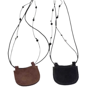 Minimalist mini crescent pouch necklace in brown and black suede with beaded cord