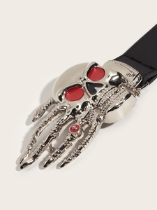 Punk style leather belt featuring a silver skull and bone hand buckle with red eyes