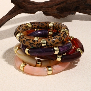 Retro acrylic bamboo joint bracelet set featuring leopard print and colorful resin textures