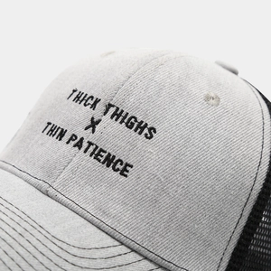 Fashion embroidered trucker hat with breathable mesh back and adjustable grey-black design