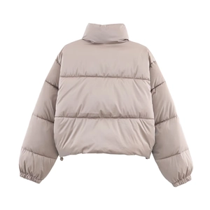 Women's minimalist beige stand collar short puffer jacket with horizontal quilting design