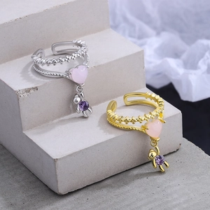 Anello a doppio strato con cuore rosa e orso viola in argento e oro regolabile