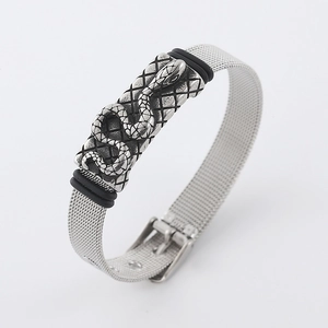 Bracciale da uomo in maglia di acciaio con ciondolo a serpente e fibbia a cintura