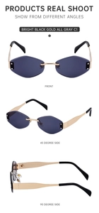 Three-way view of rimless geometric sunglasses with diamond-cut gray lenses and gold frame