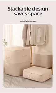 Stackable beige fabric storage bins in various sizes with handles for home organization
