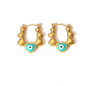18K gold plated stainless steel heart earrings with blue evil eye enamel charms