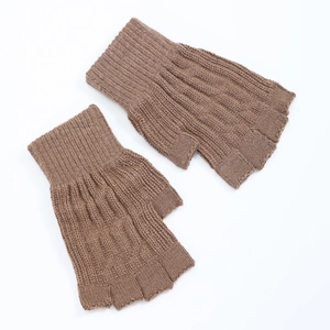 Detail of brown cable-knit fingerless gloves showing ribbing texture and soft knit material