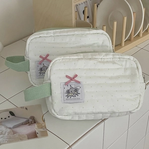 Quilted mint green polka dot elephant makeup bags with cute cartoon embroidery and ribbon