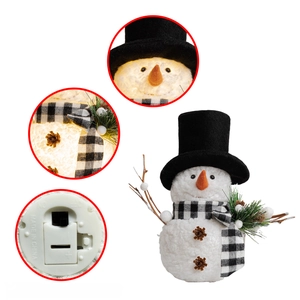 Luminous Christmas snowman ornament with black and white plaid scarf and LED lights