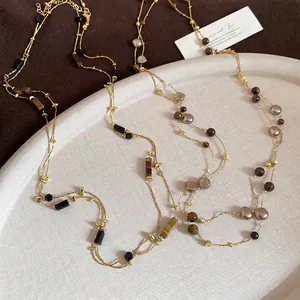 Retro tiger eye beaded necklaces in gold chain for layering and daily outfit fashion