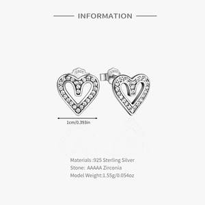Detail of S925 sterling silver heart earrings with AAAAA zirconia and size info