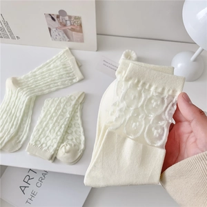 Breathable white lace sheer crew socks for women featuring elegant hollow-out patterns