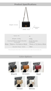 Size chart for quilted chain crossbody bag showing dimensions and PU material specs