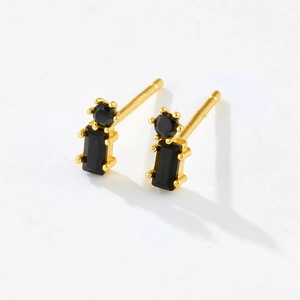 Elegant gold S925 silver studs with geometric black crystals in round and rectangular cuts