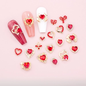 Red Heart Bowknot Nail Art Jewelry Alloy Rhinestone Heart Charm For Valentine Day New Year Party DIY Manicure Accessories