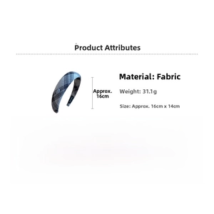 Detailed size and weight specs for the blue and black plaid fabric headband for women