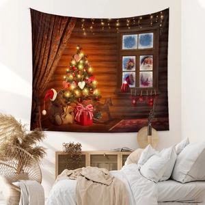 Detail of Christmas wall tapestry featuring a festive tree and Santa Claus in a cozy room