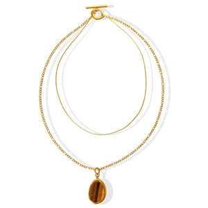Double-layer gold plated necklace with tiger eye pendant and vintage OT clasp design