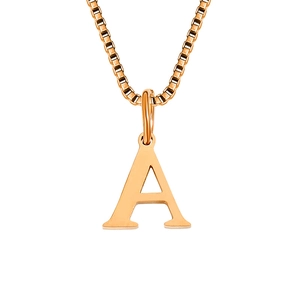 Polished gold stainless steel necklace with minimalist letter A pendant on a thin box chain