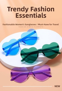 Close-up of heart-shaped candy color sunglasses in blue green and purple on a white stand