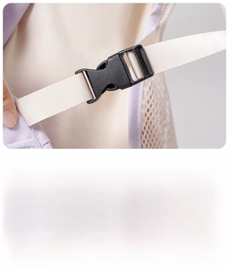 Detail of adjustable waist buckle and durable strap on the purple mesh kitchen apron