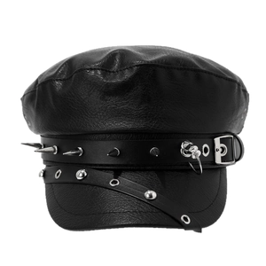 Gothic punk black PU leather newsboy cap with silver spikes and metal rivets details