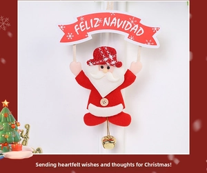 Detailed felt Santa ornament featuring a Feliz Navidad banner and a small golden bell