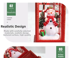 Detail view of a red Christmas lantern featuring a snowman miniature and festive trees