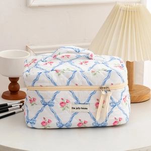 Detailed macro view of quilted floral cosmetic bag with pink roses and double zipper closure