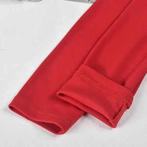 Détail rapproché d'une manche de robe rouge nervurée avec coutures et texture du tissu