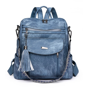 Blue denim texture backpack for women with tassel charm and woven chain straps