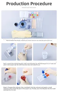 DIY resin soap dish kit showing AB glue mixing process and tools on blue background