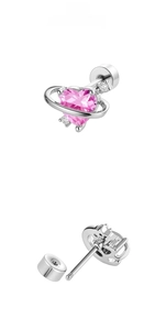 Detail of pink heart zircon stud earring with silver planet ring and screw back structure