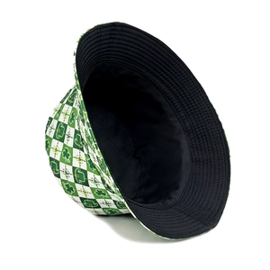 Reversible St. Patrick's Day bucket hat with green shamrock pattern and black lining