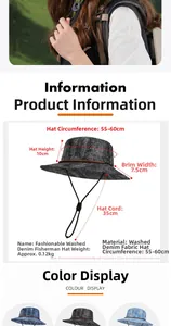 Detail view of denim sun hat with adjustable windproof rope and sizing specifications