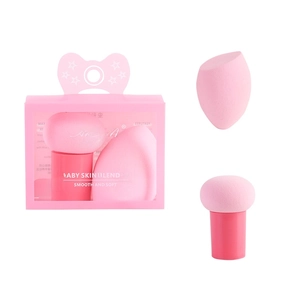 Mushroom puff makeup sponge set with teardrop blender and handle in pink gift box