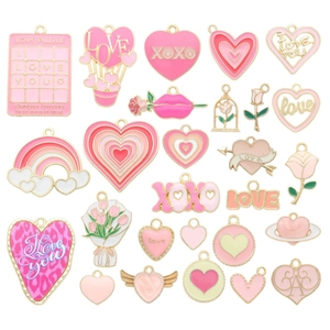 Pink and gold Valentine enamel alloy charms featuring hearts, roses and hot air balloons