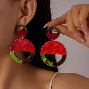 Bohemian acrylic geometric hoop earrings with red green and tortoiseshell resin marble pattern