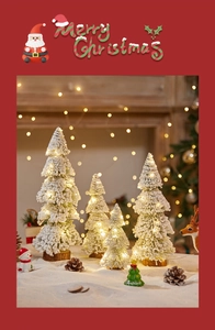 Mini snowy Christmas trees with LED lights and rustic wood base in cozy holiday setting