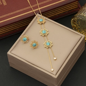 Stainless Steel Jewelry Set Turquoise Flower Pendant Tassel Necklace And Earrings Gold Plated Fashion Women