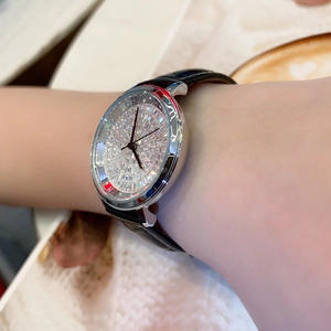 Detailed close-up of a luxury women's watch featuring a full diamond pavé dial and silver case