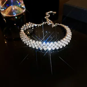 Bracelet ajustable en argent à trois rangées de diamants avec cristaux étincelants